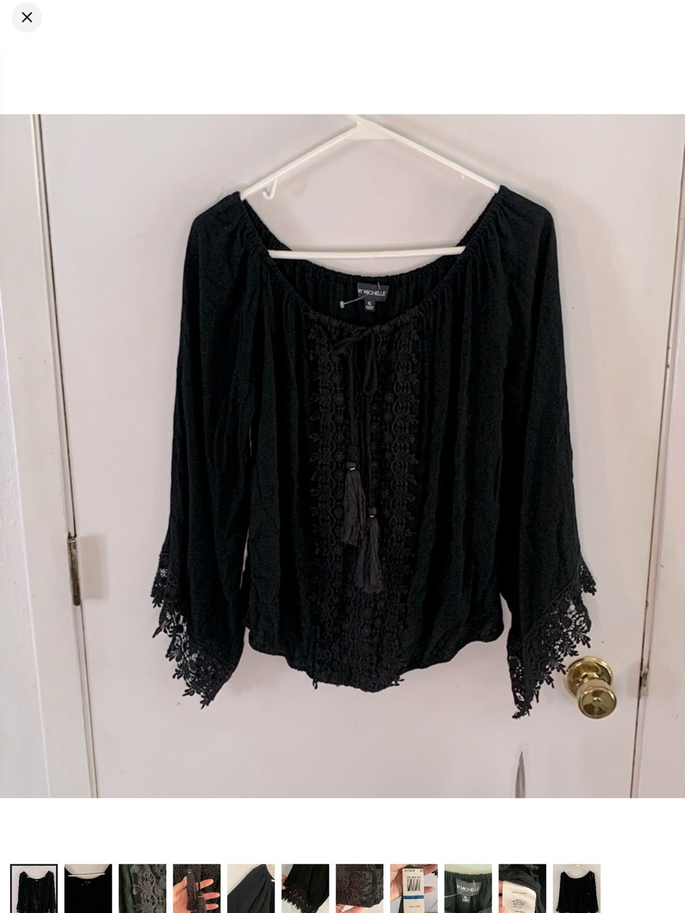 My Michelle Black Lace-Trim Boho Peasant Top